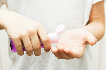 Hand cleaning gel. Аntibacterial gel in human hands