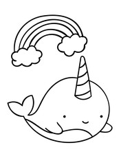 Coloring pages, black and white cute kawaii hand drawn narwhal and rainbow doodles © dikabrina