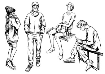 Collection of graphic sketches of people in protective masks on the street during viruses, quarantine.Hand drawn vector illustration in vintage retro style. Monochrome elements set isolated in white.