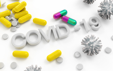 COVID-19 coronavirus concept. Pill capsules for treatment of COVID-19. Novel corona virus outbreak, epidemic spread in world. Coronavirus medicine on white background.