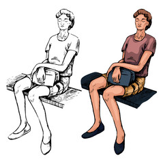 Woman sits leaning against a wall. Sketches of people. Hand drawn vector illustration. Set of contour and color drawing isolated on white. Elements for design, print, card. Realistic, retro, style.