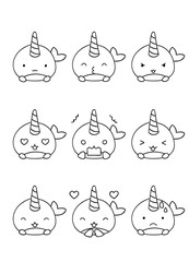 Coloring pages, black and white cute kawaii hand drawn emotion narwhal doodles © dikabrina