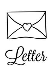 Coloring pages, black and white cute kawaii hand drawn love letter doodles, lettering letter