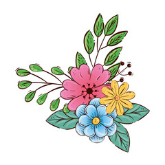 cute flowers with branches and leafs decoration vector illustration design