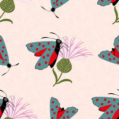 Six spot burnet butterfly seamless vector pattern background. Day flying moth on pink knapweed backdrop. Scottish coastal insect design. All over print for Scotland summer vacation,wildlife concept
