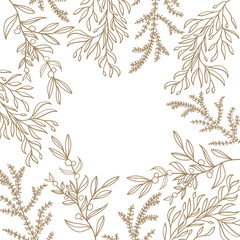 Round frame made of plants and branches with berry. Woodland wreath. Floral border. Template with copy space for wedding invitations and greeting cards. Outline. Vector stock illustration
