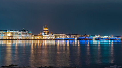 evening panorama of St. Petersburg, the palace bridge, St. Isaac's Cathedral, Winter Palace