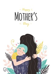 Mothers day greeting card, Mom and girl are smiling and hugging