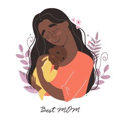 Mothers day greeting card, mother hugs baby