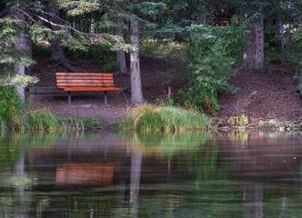Fototapeta na wymiar Bench by quiet still waters of a mountain lake in Alberta Canada