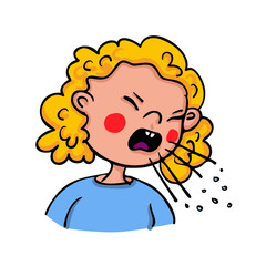Girl showing symptoms of coughing and respiratory droplets- can be the flu or Coronavirus-SARS-CoV-2 - hand-drawn vector illustration