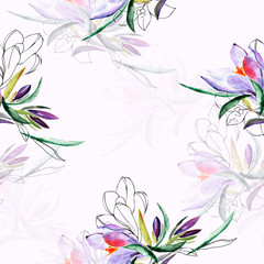 Crocus seamless pattern.Image on a white and color background.