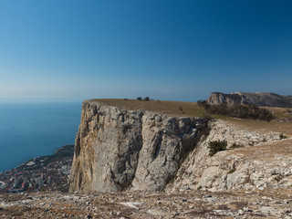 Beautiful panoramic view from top of crimean mountain on Black sea coast.