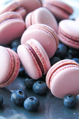 French dessert macaron filled with white chocolate and blueberry ganache. Macarons are on a dark background covered with fresh blueberries. Back view. 