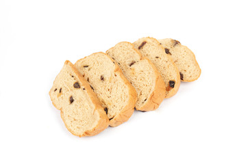 Raisin bread baked on a white background.