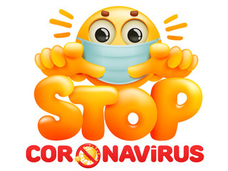 Stop coronavirus 2019-ncov awareness title. Emoji cartoon character in medical mask