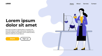 Scientist studying chemical reaction. Woman holding flask, lab worker, chemist flat vector illustration. Chemistry, science, experiment concept for banner, website design or landing web page