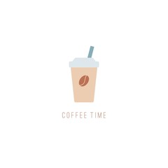 Paper cup with a straw. Coffee theme. Coffee lovers concept.  Minimalistic Icon. Logo template. Colored vector Illustration. Cartoon style, simple Flat design. Isolated on a white background