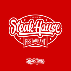 Steak house logo. Butchery or restaurant logo. Calligraphic composition on a round sign with ribbon. Vintage American style.