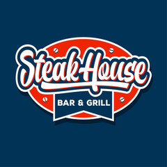 Steak house logo. Butchery or restaurant logo. Calligraphic composition on a round sign with ribbon. Vintage American style.