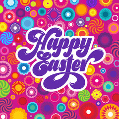 Happy Easter calligraphy Inscription. Easter illustration. Beautiful lettering with geometric flowers. Design for greetings card, invitation or poster.