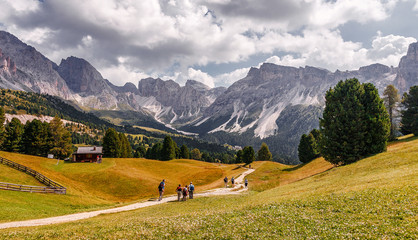 Fototapeta na wymiar Beautiful alpine highlands in sunny day. Awesome nature Landscape. Amazing Nature Scenery of Dolomites Alps. Epic Scene in the mountains place. Val Gardena. Dolomiti alp. Italy. Travel concept