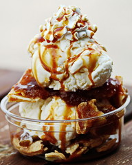 Ice cream sundae made with butter tarts and butterscotch syrup at a local shop in Ontario, Canada.