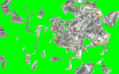 Flying dollars banknotes isolated on chromakey. Money is flying in the air. 100 US banknotes new sample. 3D illustration