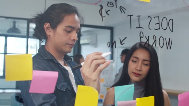 Group of young businessman and businesswoman brainstorming ideas working together sharing data and writing glass wall with sticky notes feeling happy at meeting room in small business office.