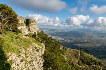 The landscape with Castello di Venere in Erice, Sicily, Italy and mountain Monte Erice