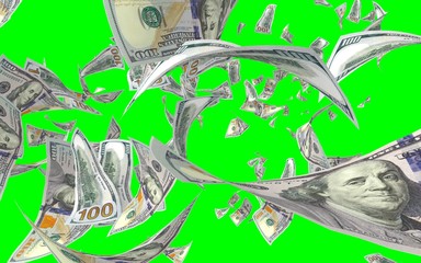 Flying dollars banknotes isolated on chromakey. Money is flying in the air. 100 US banknotes new sample. 3D illustration