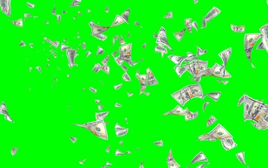 Flying dollars banknotes isolated on chromakey. Money is flying in the air. 100 US banknotes new sample. 3D illustration
