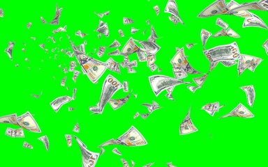 Flying dollars banknotes isolated on chromakey. Money is flying in the air. 100 US banknotes new sample. 3D illustration