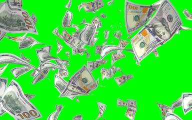 Flying dollars banknotes isolated on chromakey. Money is flying in the air. 100 US banknotes new sample. 3D illustration