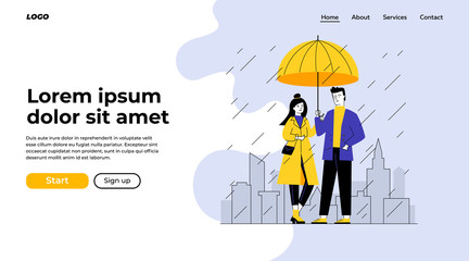 Couple standing under umbrella in street on rainy day. Man and woman in stylish red coat flat vector illustration. People in front of cityscape with skyscrapers and other buildings in rain