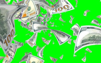 Fototapeta na wymiar Flying dollars banknotes isolated on chromakey. Money is flying in the air. 100 US banknotes new sample. 3D illustration