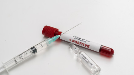 COVID 19 Coronavirus, infected blood sample in the sample tube, Vaccine and syringe injection It use for prevention, immunization and treatment from COVID-19