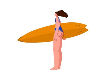 Surfer girl in trendy flat style. Vector.Woman with a surf board in hands.A young tanned girl with long flowing hair in a swimsuit for surfing