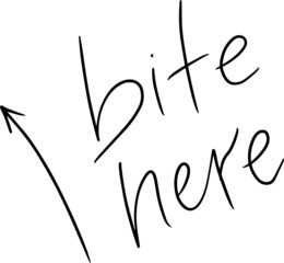  The inscription bite here with an arrow pointer. Hand written calligraphy, lettering, font. Use as an addition to illustration, brochure, banner, website design.