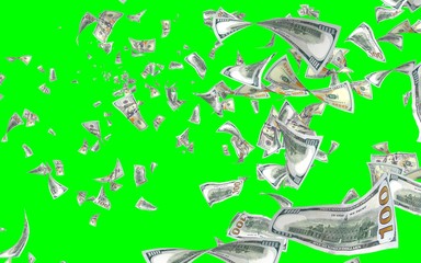Flying dollars banknotes isolated on chromakey. Money is flying in the air. 100 US banknotes new sample. 3D illustration
