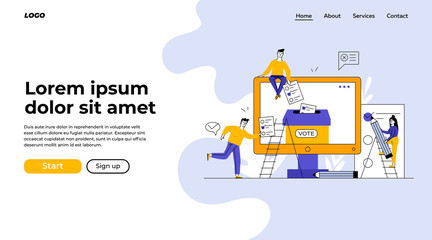 Internet or electronic voting. Man and woman filling up forms and throwing into ballot box flat vector illustration. Election campaign concept for banner, website design or landing web page