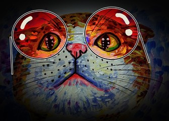 Art painting oil color A crazy cat with glasses from thailand , meaow