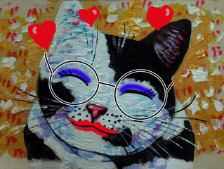 Art painting oil color A crazy cat with glasses from thailand