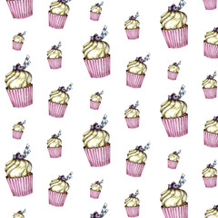 Seamless pattern of Colorful cupcakes with cream and berries. Watercolor hand drawing isolated on a white