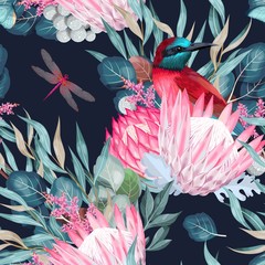 Vector seamless pattern with birds and protea