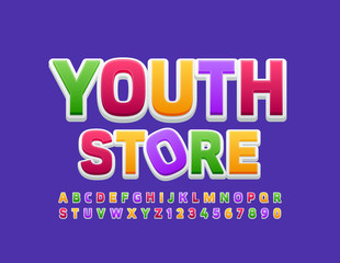 Vector colorful Emblem Youth Store with trendy Font. Bright Kids Alphabet Letters and Numbers.