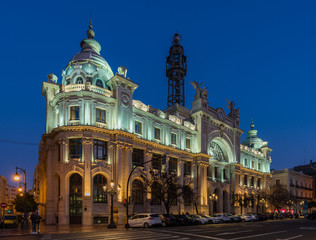 Fototapeta na wymiar Valencia – Central Post Office Building at night; Spain