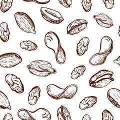 seamless nuts and fried potato chips pattern isolated on white. snack background in engraved vintage style. Sketch illustration of beer appetizer. peanuts, pistachio, potato crisps doodles wallpaper.