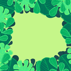 Frame of green different leaves. Spring or summer illustration in flat and doodle style with hand draw outline. Cute trendy botanical background. 
