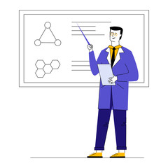 Professor explaining medical research result. Man in white coat presenting molecule structure flat vector illustration. Presentation, education concept for banner, website design or landing web page